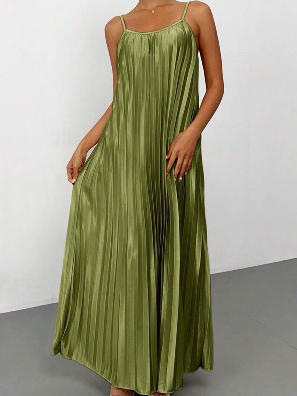 Olive Green Pleated Maxi Dress - Women